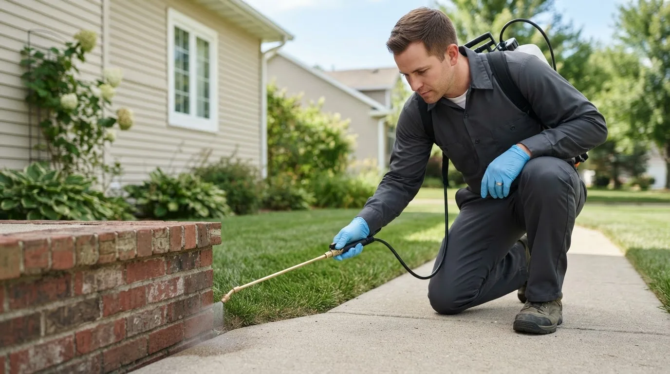 Pest control technician treating a home near Buchanan, MI